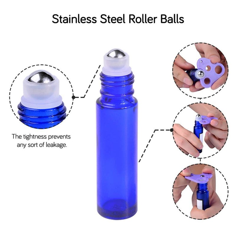 PrettyCare Roller Bottles For Oils 10 ml (Blue Glass, 24 Pack, 2 Extra Stainless Steel Balls, 2 droppers, 1 small brush, 24 Labels, 1 Opener, 1 Funnels Essential Oil Roller Bottles, Roller on Bottles - Image 2